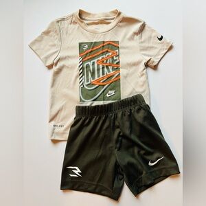 Nike Beige and Dark Green Kids Tee and Shorts Set